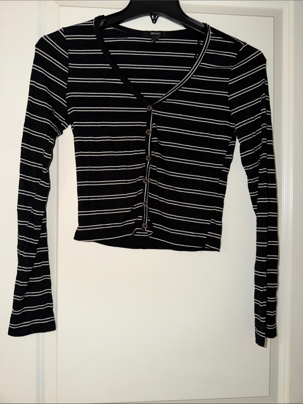 Forever 21 Black & White Striped Button-Front Long-Sleeve Top